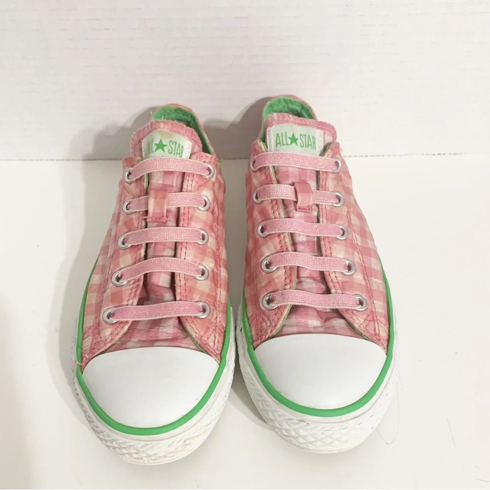 Converse All Star Low Profile Pink & Green Plaid Lace Up Textile Sneakers 🩷💚